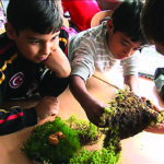 Elever sitter med mose og ting fra naturen på pulten