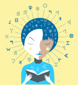 Ei jente leser i en bok. Mange bokstaver og tegn er tegnet ut fra hodet hennes..