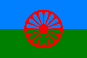 Romflagget. Blå og grønn bakgrunn med et rødt hjul i front.