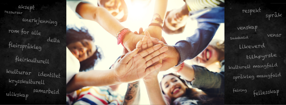 Foto av elever som står i ein ring. I midten er henda samla. På sida av fotoet står det skreven: aksept, anerkjenning, fleirspråkleg, kulturar, identitet, ulikskap, flerkulturell, venskap, likeverd, tilhøyrsle, kulturelt mangfald og fellesskap.