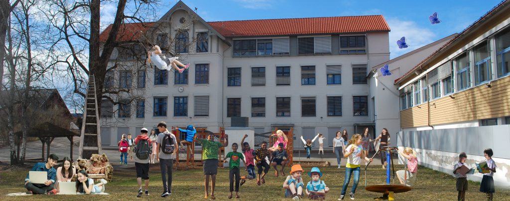 Bilde av skole med mange barn og unge utenfor