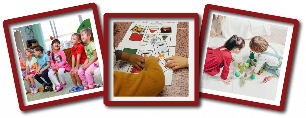 Tre bilder, barn i samlingsstund, ved språkspill og i lek.