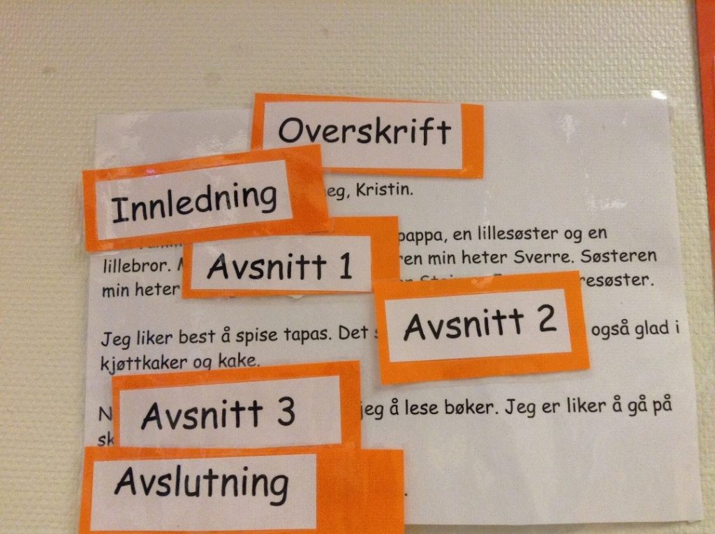 plakat fra klasserom som viser arbeid med tekst