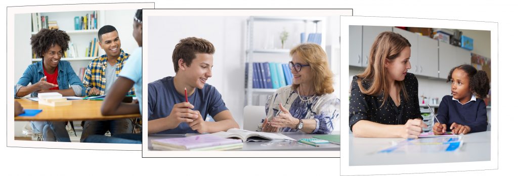 Elever og lærer samtaler.