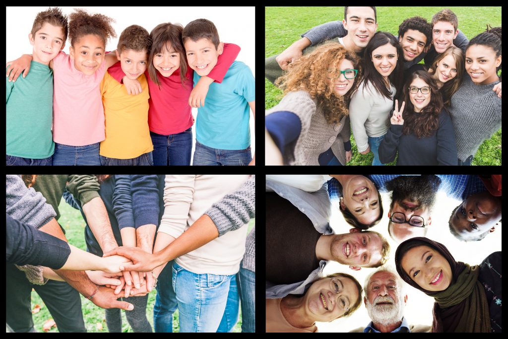 Foto som viser inkludering, mennesker som holder rundt hverandre.