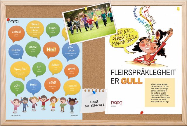 En oppslagstavle med plakat hvor det står hei på flere språk og en hvor det står fleirspråklegheit er gull.