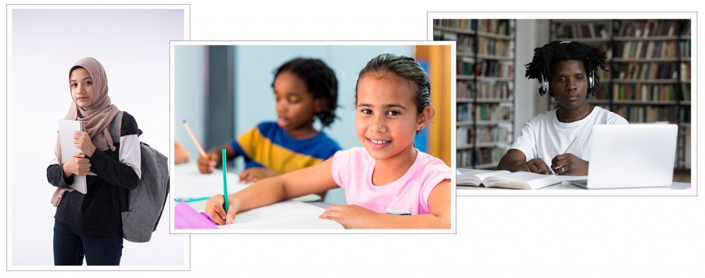 Foto av skoleelever i ulike aldre.