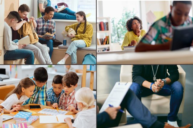 Fire bilde av elever i ulik alder snakker sammen om en bok, jobber individuelt i klasserommet, jobber sammen i klasserommet, snakker med en rådgiver.
