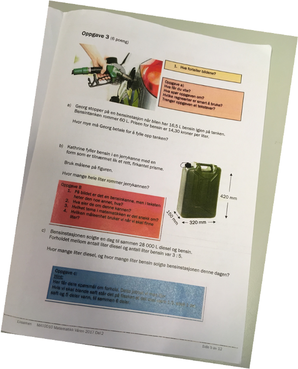 Side 5 fra en matteprøve. Det er ikke mulig å lese tekst, men bildet viser at det er en boks med lesetips som er satt inn.