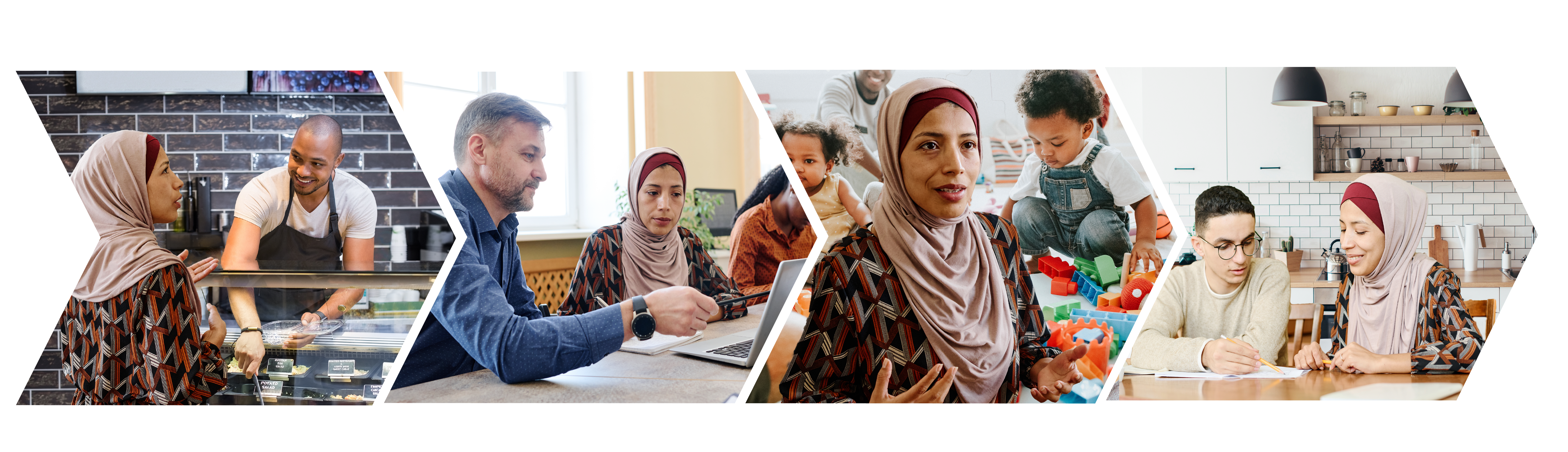 Foto som viser fire ulike læringsarenaer, der en deltaker lærer norsk. Bilde 1 i butikken, bilde 2 på en skole, bilde 3 i en barnehage og bilde 4 hjemme på et kjøkken med lekser. Bildene er formet som en pil som peker i samme retning.