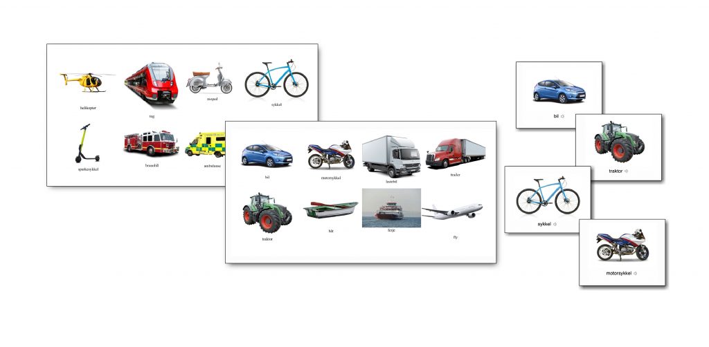 Foto av en utskrift fra Bildetemasiden. Det er to ark som overlapper hverandre noe med bilder av ulike fremkomstmidler plassert i to rekker med fire bilder på hver rekke. På det øverste arket er kjøretøyene bil, motorsykkel, lastebil, trailer, traktor, robåt, ferge og fly. Ved siden av arkene er fire kort med bilde av en bil, en traktor, en sykkel og en motorsykkel.