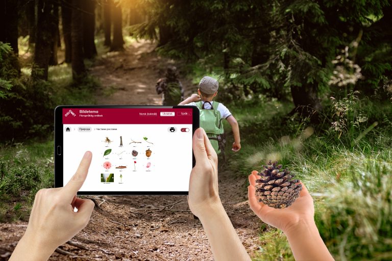 Foto av barn som løper i skogen. Noen holder en ipad med en Bildetemaside. I en hånd i hjørnet av bilde ligger en kongle.