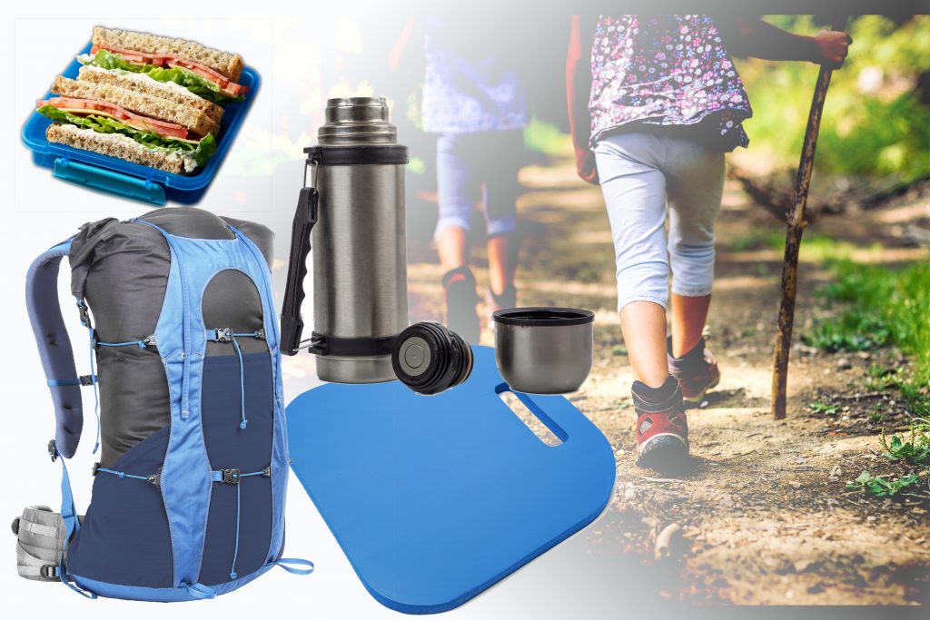 En fotocollage: To barn som går på tur er avbildet bakfra. Ved siden av er foto av en matboks, en tursekk, en termos og et sitteunderlag.