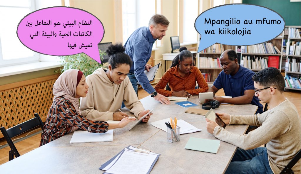 Foto som skal illustrere deltakere i voksenklasserommet som bruker flere språk. Over deltakerne er det satt inn to snakkebobler. I den ene er det arabisk skrift og i den andre er det swahili skrift