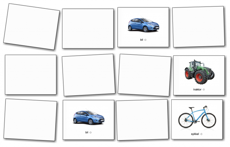 Bilde av 12 hvite memorykort. Åtte kort er hvite og ligger med bildeside vendt vekk. Fire kort er snudd og har synlige bilder. Et par kort viser bilde av en blå bil. Et kort viser en grønn traktor og et kort viser en blå sykkel. Utskrift fra Bildetema.