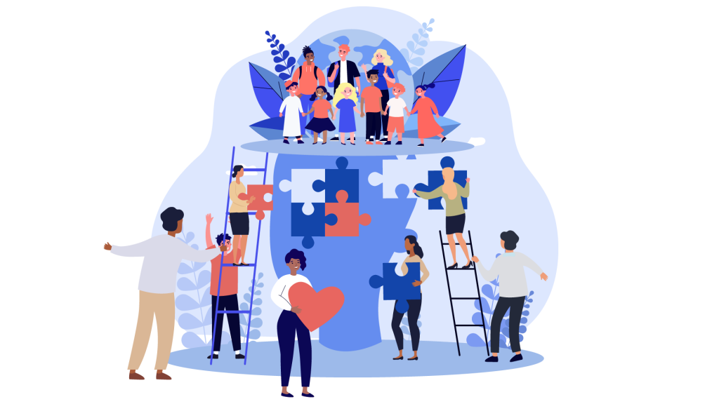 illustrasjon av elever som står oppe i et tre mens det står lærere rundt og på to stiger på hver side av treet. Lærerne holder puslespillbrikker som skal passe inn på stammen av treet.