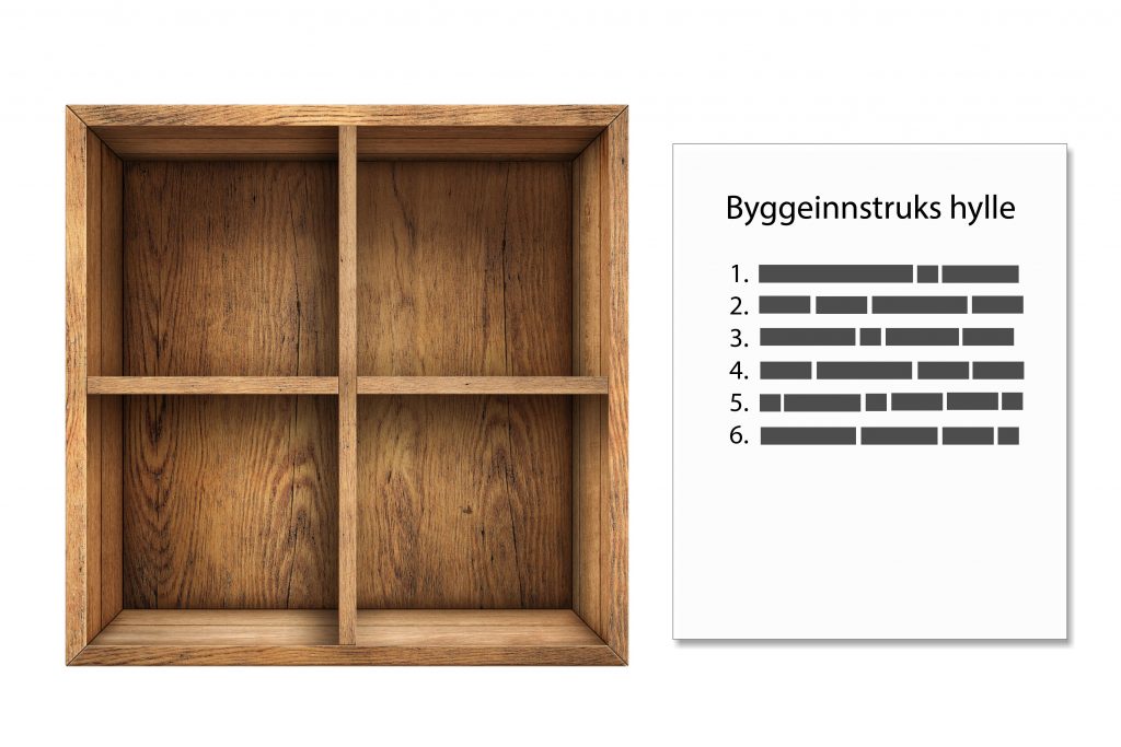 Foto av en ferdig enkel hylle i mørkt tre. Ved siden av er en illustrasjon av en byggeinnstruks.