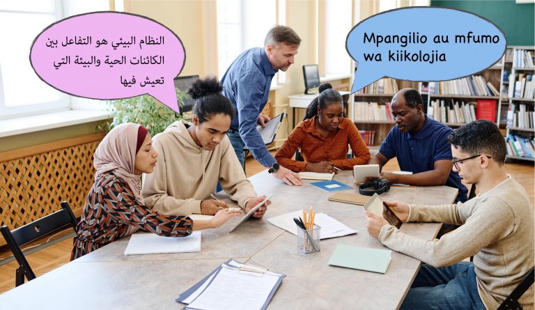 Foto som skal illustrere deltakere i voksenklasserommet som bruker flere språk. Over deltakerne er det satt inn to snakkebobler. I den ene er det arabisk skrift og i den andre er det swahili skrift