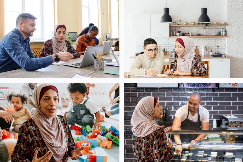 Bilde av deltaker på ulike læringsarenaer. Bildet består av fire foto satt sammen. Øverst til venstre er en kvinnelig deltaker i et klasserom. Hun sitter ved et bord sammen andre deltakere. Øverst til høyre er et bilde av den samme kvinnen, denne gangen sitter hun ved et kjøkkenbord sammen en voksen sønn. Nederst til venstre er kvinnen i en barnehage i praksis, mens hun nederst til høyre er i en butikk hvor hun snakker med en ansatt i en ferskvaredisk.
