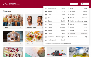 Skjermdump av forsiden til nettstedet Bildetema. Vi ser en språkmeny med 20 ulike språk og bilder med ulike temaer.