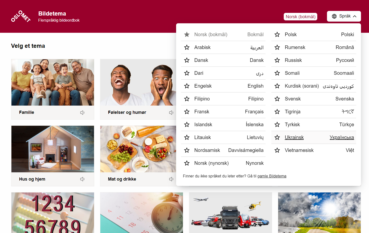 Skjermdump av forsiden til nettstedet Bildetema. Vi ser en språkmeny med 20 ulike språk og bilder med ulike temaer.