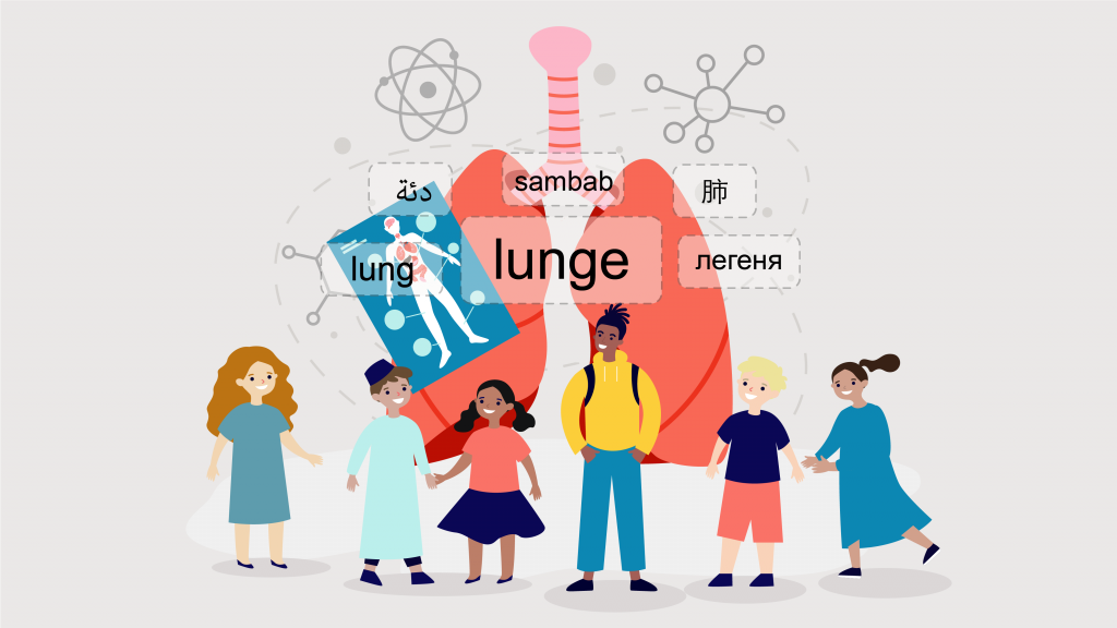 Illustrasjon av seks ulike barn som står på rekke foran en modell av et par store lunger. På lungene står lunge på seks ulike språk med ulike alfabeter.