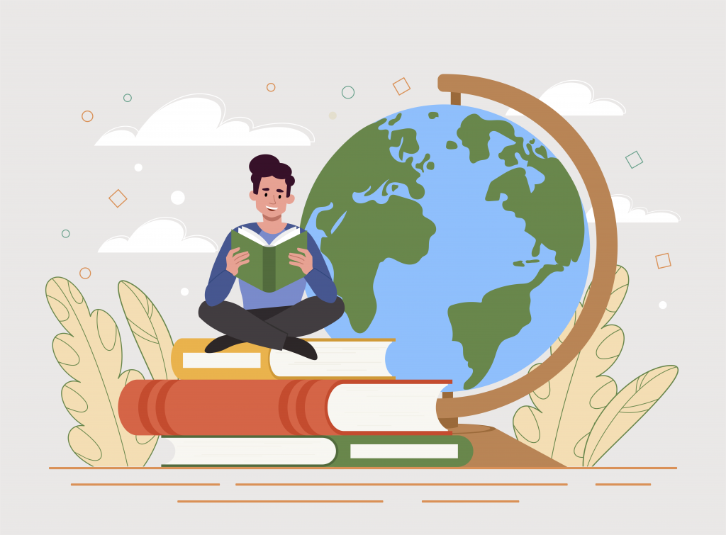 Illustrasjon av en person som sitter på en stabel med svært store bøker og leser i en bok. Bak personen er det en stor globus.