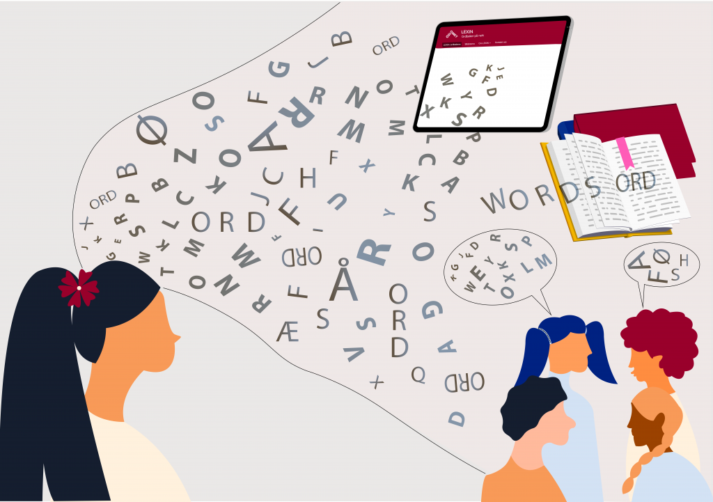 Illustrasjon av ei jente. Ut fra hodet hennes går en slags sky med bokstaver. I enden av skyen er et nettbrett, bøker og en gruppe ungdommer i santake sin bokstavene kommer fra. 