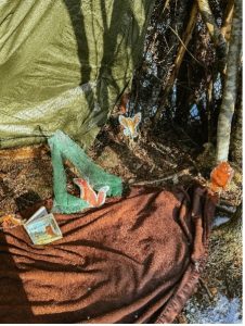 Dyrefigurer fra boken Gruffalo satt opp foran en presenning og grener i skogen