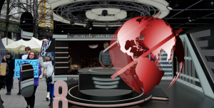 Skjermbilde fra et nyhetsstudio med en jordklode i front og bilder fra en demonstrasjon til venstre.