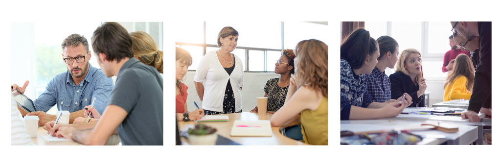 Tre foto montert på rekke. Skal illustrere læreplanarbeid. Bilde 1: En lærer sier noe mens han viser fra en ipad. To andre lytter. Bilde 2: Ei kvinne står ved et bord, tre lærere sitter tundt bordet og ser på henne. Bilde 3: En lærer snakker. Andre lærere ved samme bord ser på henne ivrig.