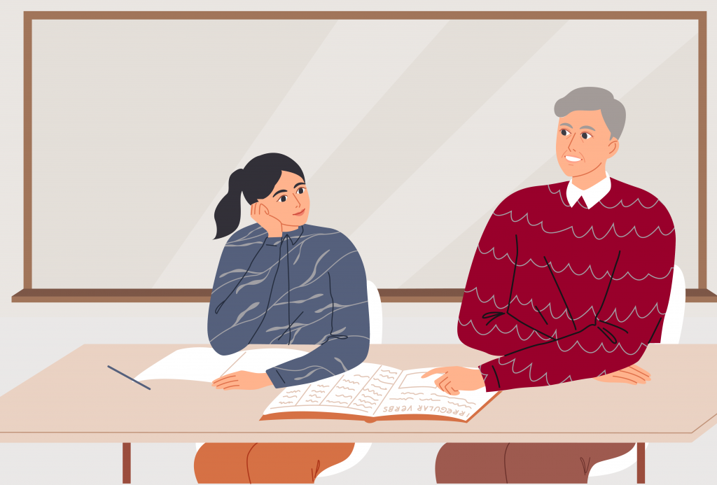 Illustrasjon av en Lærer og en elev som sitter ved et bord og samtaler. På bordet ligger skolebøker oppslått.