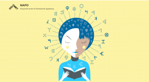 Ei jente leser i en bok. Mange bokstaver og tegn er tegnet ut fra hodet hennes.