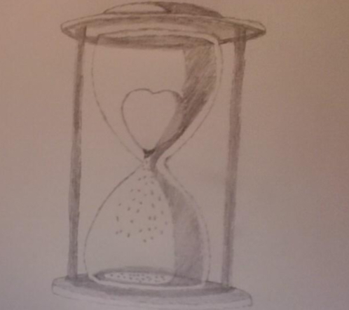 Illustrasjon av et timeplass med sand som renner ut. I den øverste delen av timeglasset der sanden renner ut fra er sanden formet som et hjerte.