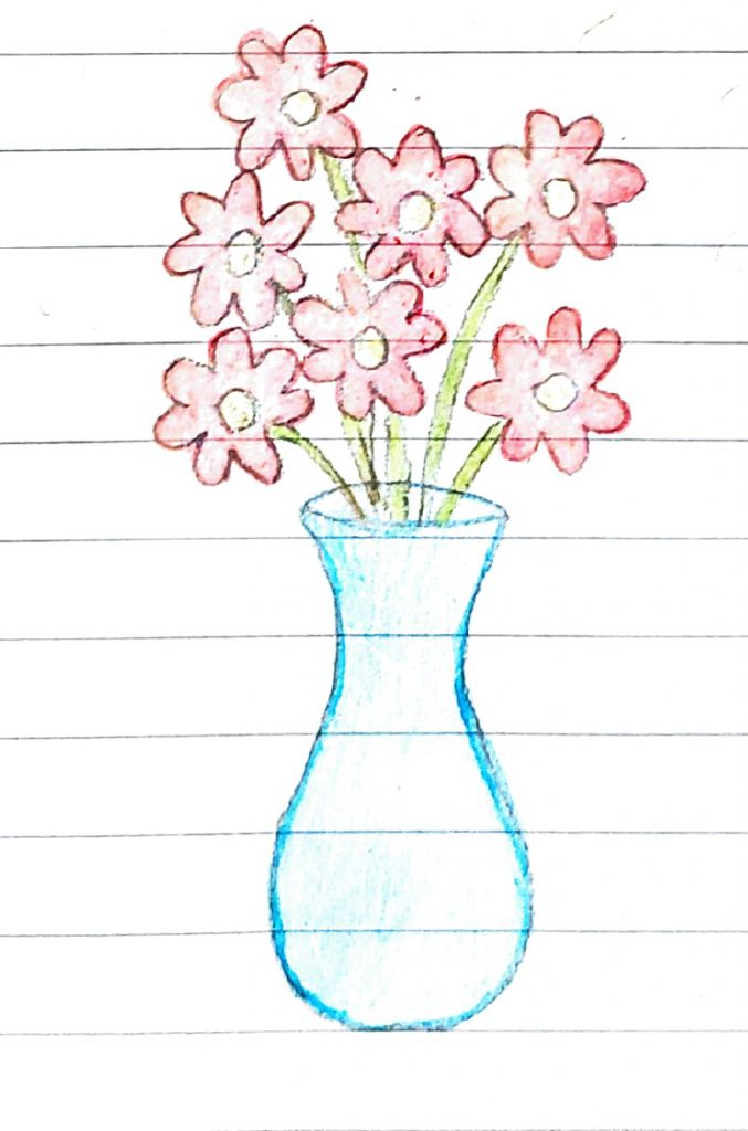 Illustrasjon av en blomsterbukett med røde blomster en en blå vase.