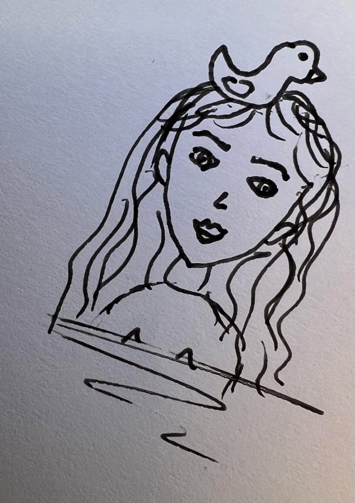 Illustrasjon av en person som har en fugl på hodet. Fuglen har satt seg godt til rette i håret på personen. Tegningen er tegnet med enkel tusjstrek.