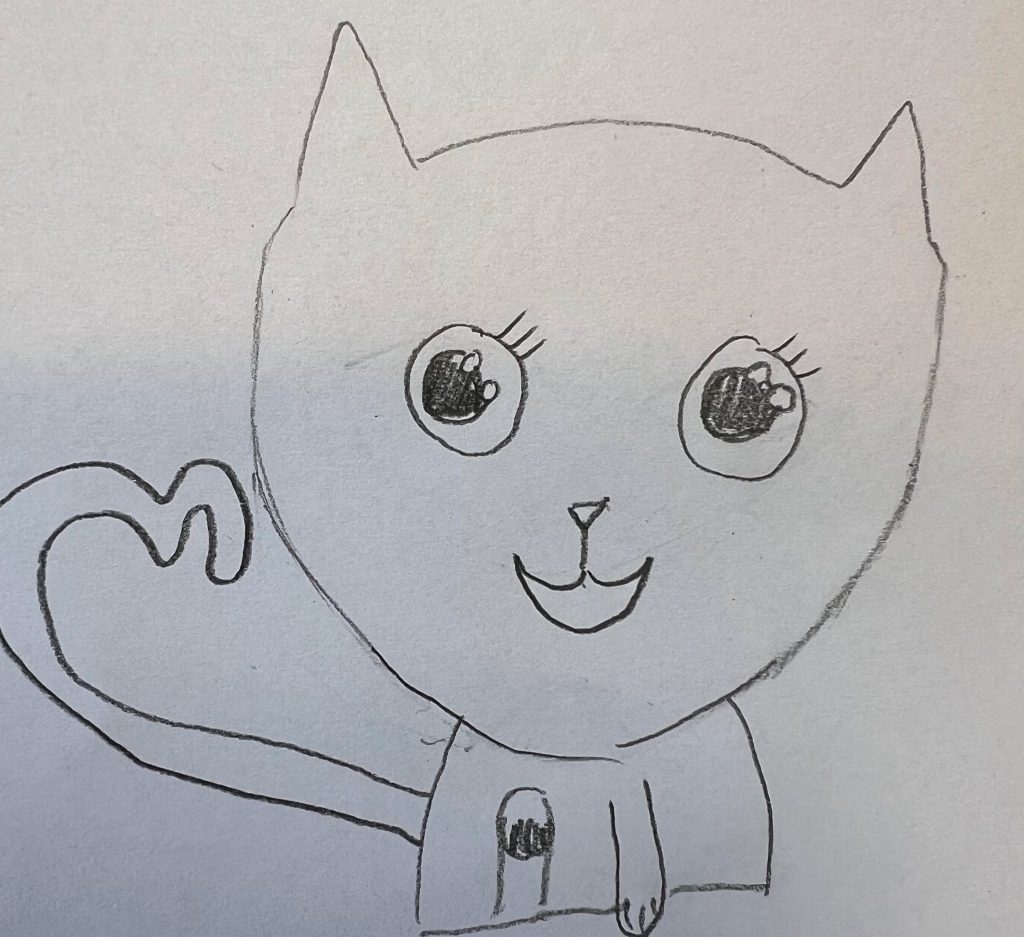 Blyantegning av ei katt med stort hode og store øyne som rekker frem den ene poten. Katta smiler.