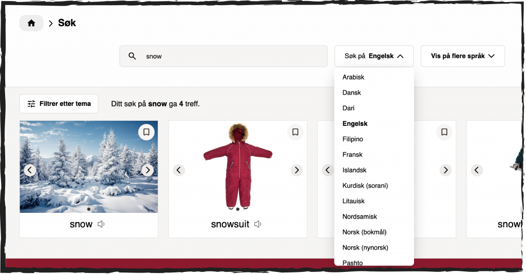 Skjermdump fra nettsiden Bildetema. Foto av søkefunksjonen. I søkefeltet er det skrevet "snow". Under søkefeltet står teksten: Ditt søk ga fire treff. Under er ordet "snow" og "snowsuit" med illustrasjoner. Til høyre for søkefeltet er en nedtrekksmeny åpnet. Øverst i nedtrekksmenyen står det engelsk. Engelsk er språket som er brukt i søkefunksjonen. I nedtrekksmenyen står noen av språkene i Bildetema listet opp: Arabisk, dansk, dari, engelsk, filipino, fransk, islandsk, kurdisk (sorani), litauisk, nordsamisk, norsk (bokmål), norsk (nynorsk), pashto.