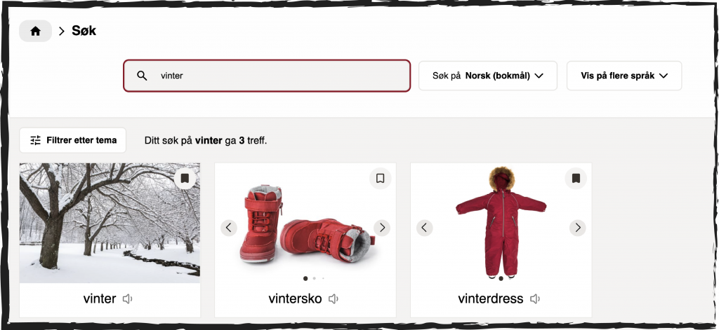 Skjermbilde fra nettsiden Bildetema. Bildet viser en ny søkefunksjon i Bildetema. Øverst til venstre i bildet står det skrevet søk. I et søkerfelt og tekstrute under ordet søk er det skrevet vinter. Under søkefeltet står det: Ditt søk på vinter ga tre treff. Nederst i bildet er det vises de tre treffene med bilder. Det er ordene vinter, vintersko og vinterdress.