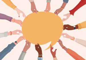 Illustrasjon av ulike hender som holder en snakkeboble