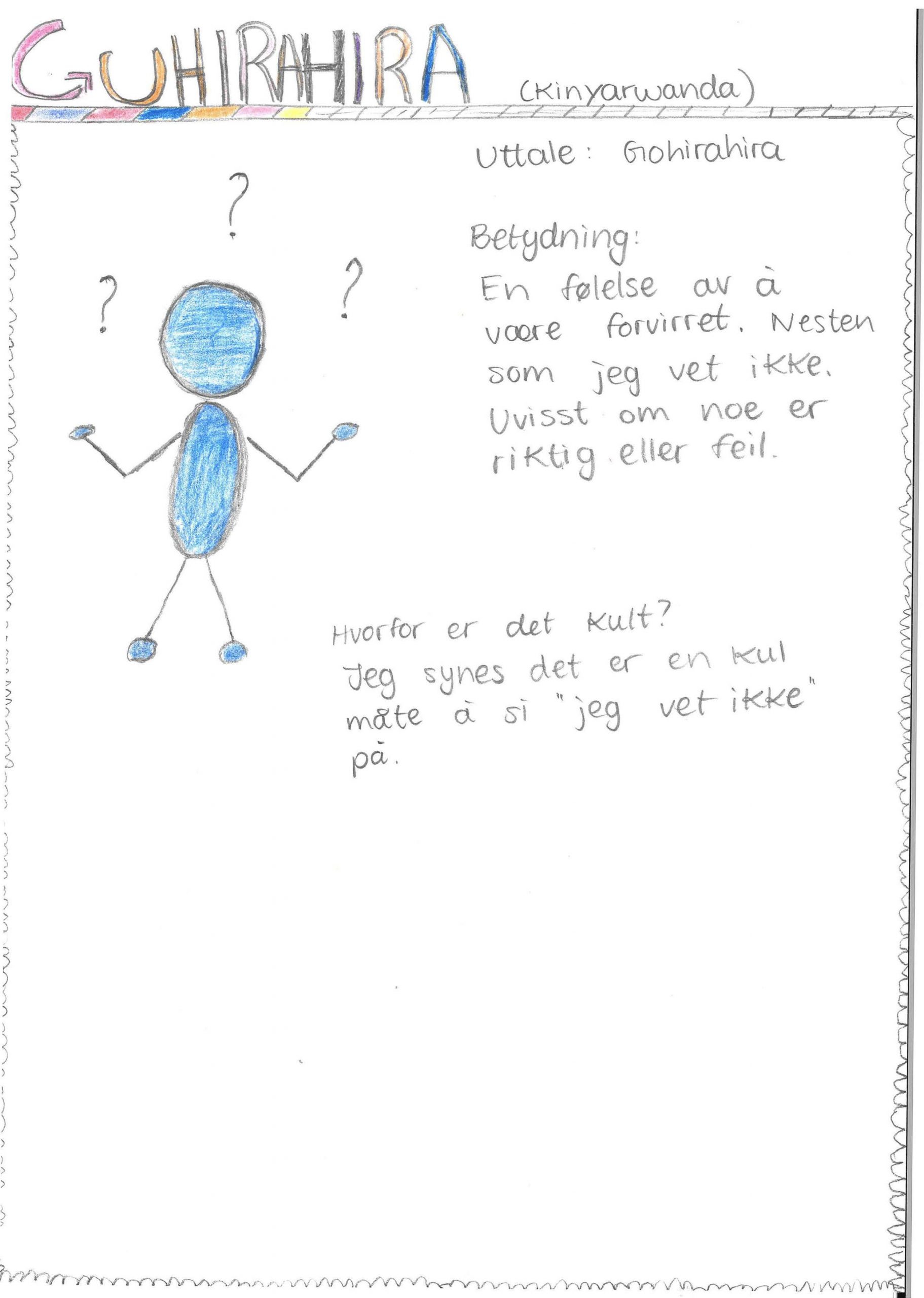 På et ark er det tegnet og skrevet om ordet. Øverst er en overskrift. Der står det: Guhirahira og i parentes kinyarwanda. Under står det: uttale: gohirahira. Under er det tegnet en blå strekmann som ser forvirret ut. Han har armene bøyd ut til hver sin side. Rundt strekmannen er det spørsmålstegn. Det står skrevet: Betydning: En følelse av å være forvirret. Nesten som jeg vet ikke. Uvisst om noe er riktig eller feil. Hvorfor er det kult? Jeg synes det er en kul måte å si jeg vet ikke på.