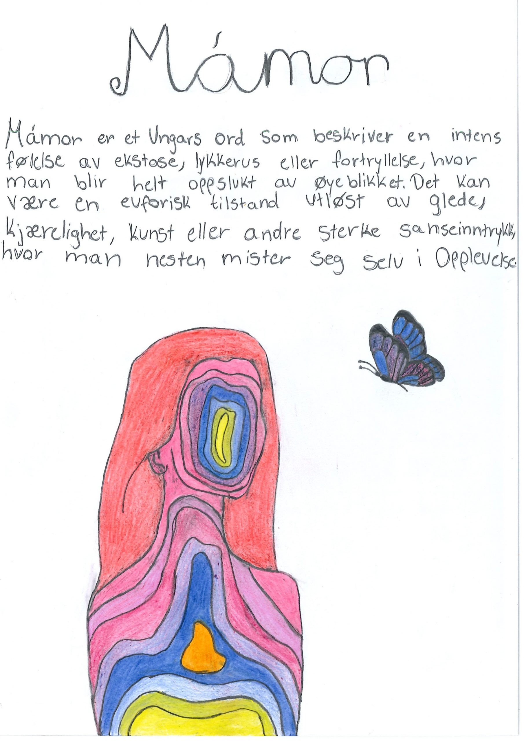 Illustrasjon av et overkropp til et menneske. Mennesket består av mange lag med farger. Ansiktstrekkene er ikke synlige, men dekt av ulike ringer med farger, gul, lys blå, mellomblå, lilla, rosa. Hodet er omkranset av rødt hår. Kroppsformen er også fylt med farger. som følger formen på overkroppen, grønn, blå, oransj, lilla, rosa i ulike nyanser. Mennesket er vendt mot en sommerfugl som flyr i lufta.