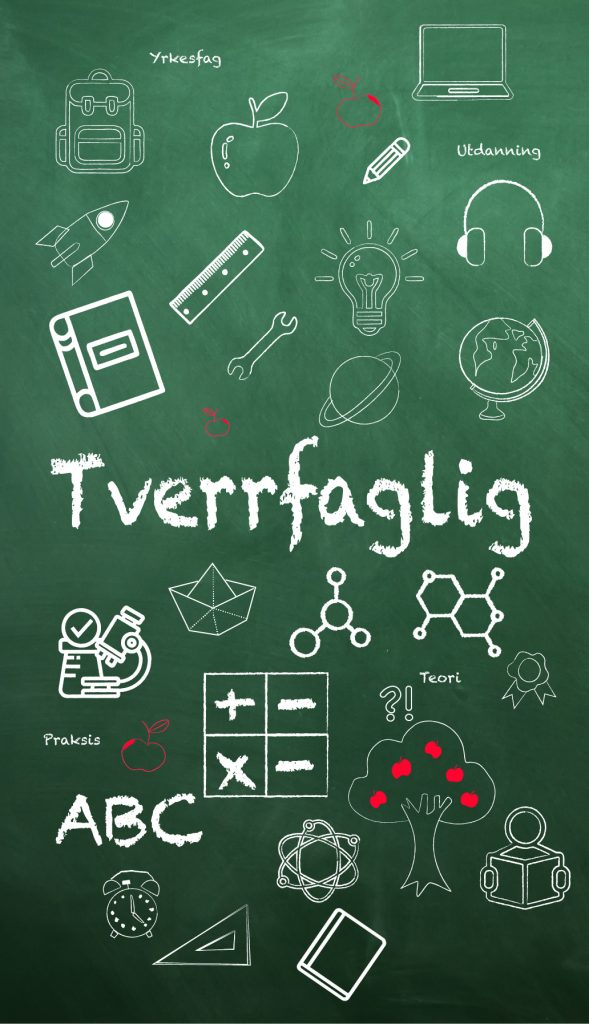 Illustrasjon av en tavle med mange små krittegninger på av en sekk, et eple, en datamaskoin, en blyant, en bok, et mikroskop, mattematiske symboler, et molekyl, en globus og en planet. På midten er det skrevet tverrfaglig. 