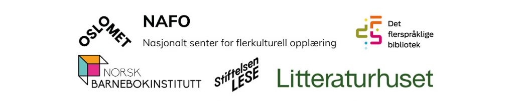 Logoene til Nasjonalt senter for flerkulturell opplæring ved OsloMet, Norsk barnebokinstitutt, Det flerspråklige bibliotek ved Nasjonalbiblioteket, Stiftelsen LESE og Stiftelsen Litteraturhuset